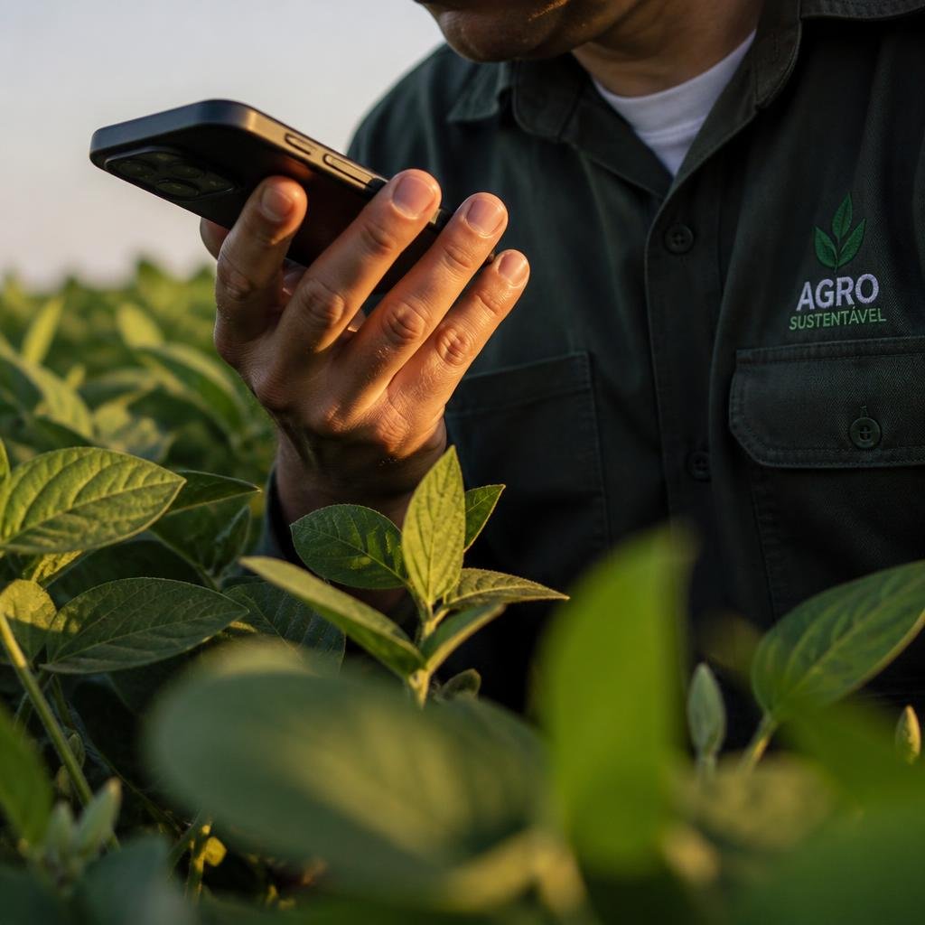 Consultor gravando relato de visita pelo celular na lavoura